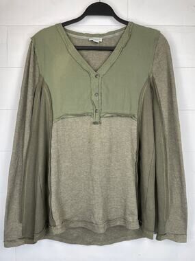 Sundance Boho Patchwork Raw Edge Thermal Henley Top Olive Green XS